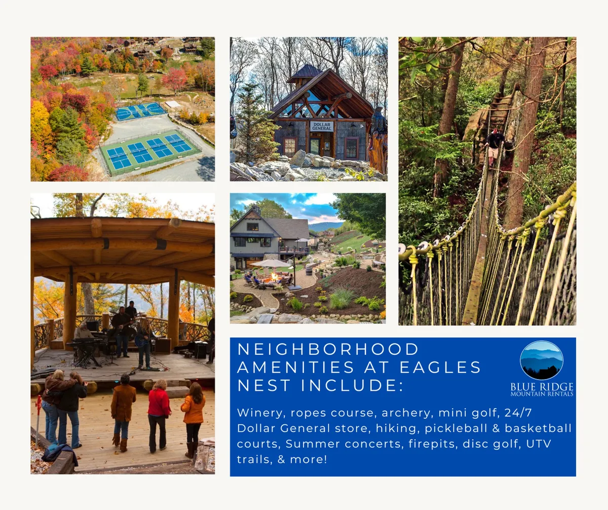 This exterior scene beautifully captures the heart of the resort amenities: a ropes course, mini golf area, outdoor concert stage, landscaped gardens, and hiking trails. People can be seen enjoying wine tasting, archery, mini golf, hiking, live music, and picnicking, all set in a lively, community-oriented environment.